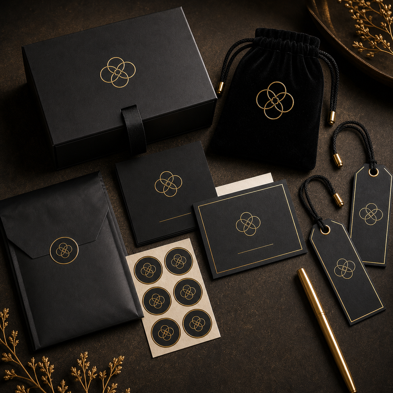 Black gold pouches, cards and premium stickers