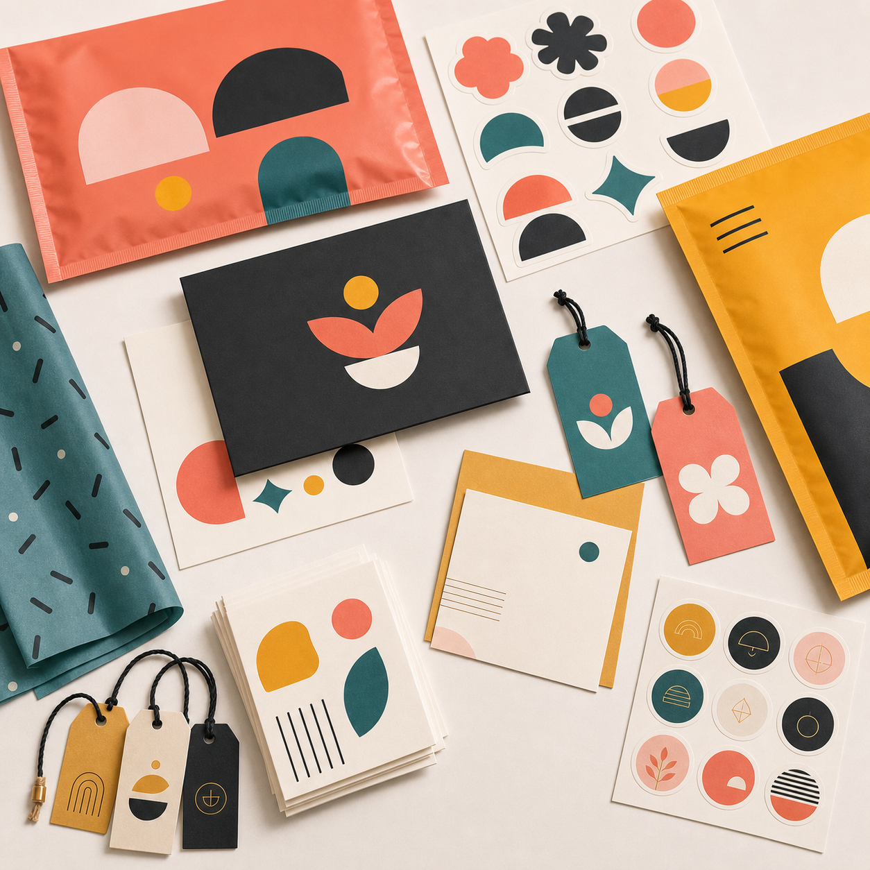 Color stickers, cards, tags and playful mailers