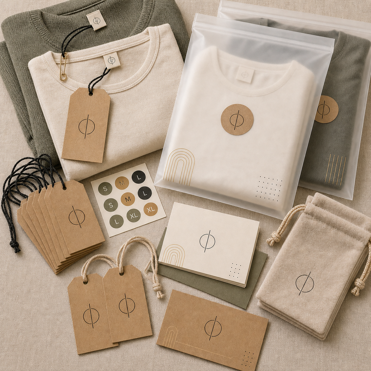 Kraft apparel packaging set with hang tags size stickers garment bags and cards