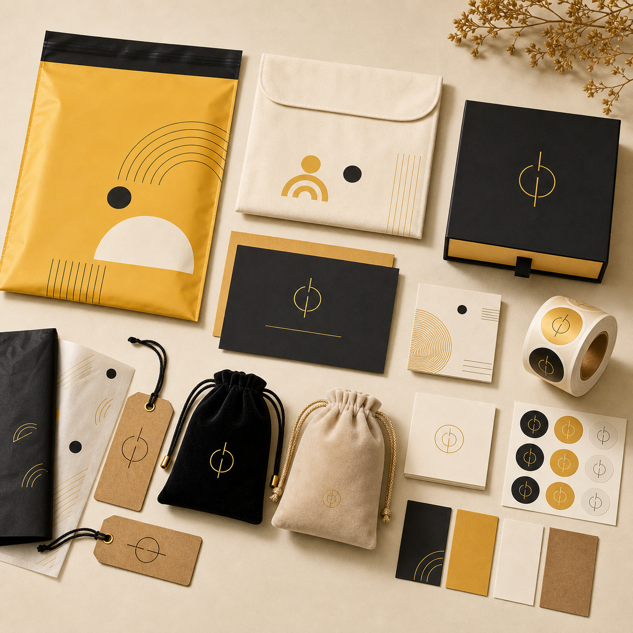 Premium low MOQ custom packaging set with cards stickers tags pouches and mailers