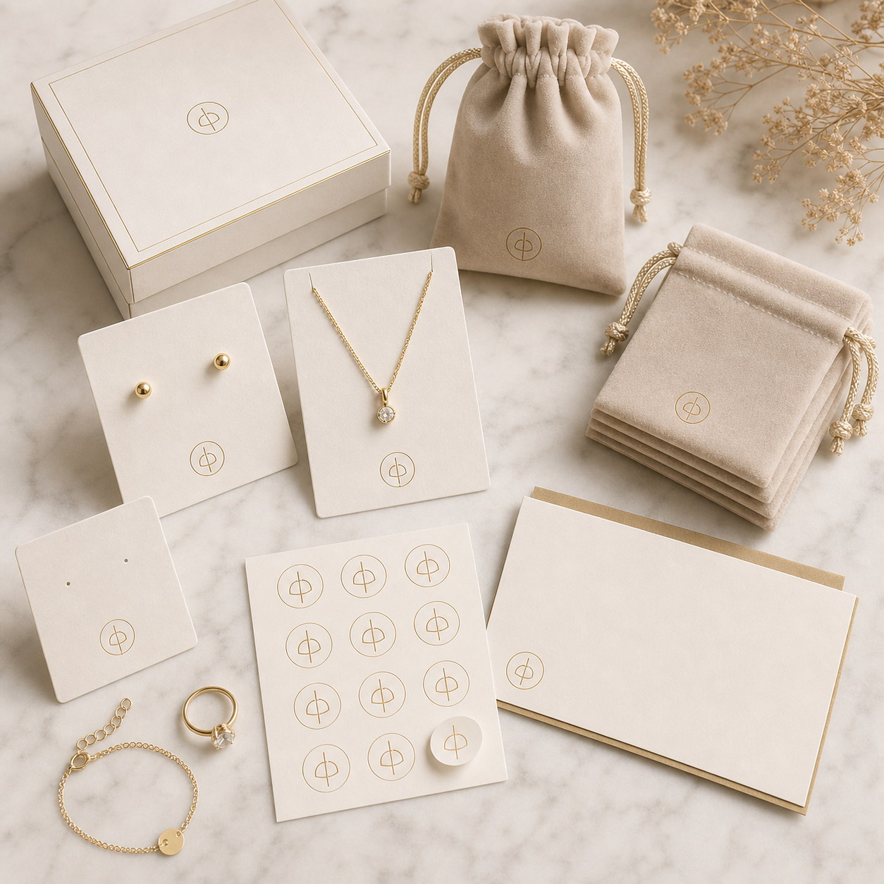 Jewelry cards, stickers and pouches