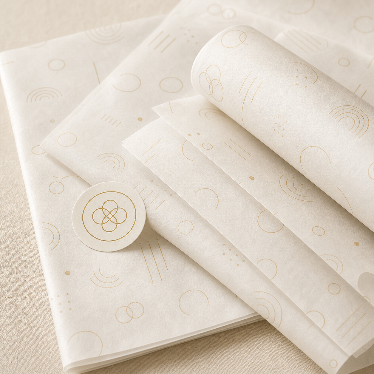 Custom packaging material details with tissue paper cards and stickers