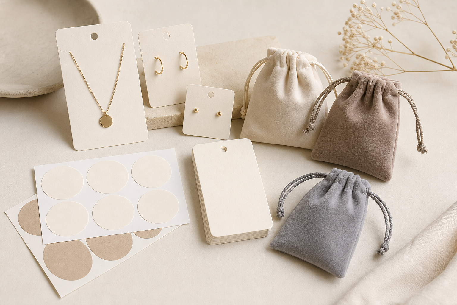 Low MOQ custom jewelry packaging set with cards stickers and pouches