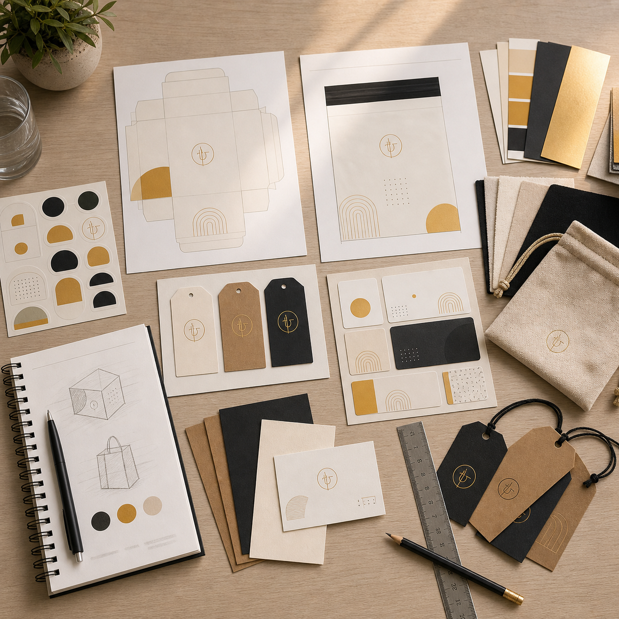 Packaging sourcing desk with artwork files color swatches and sample materials